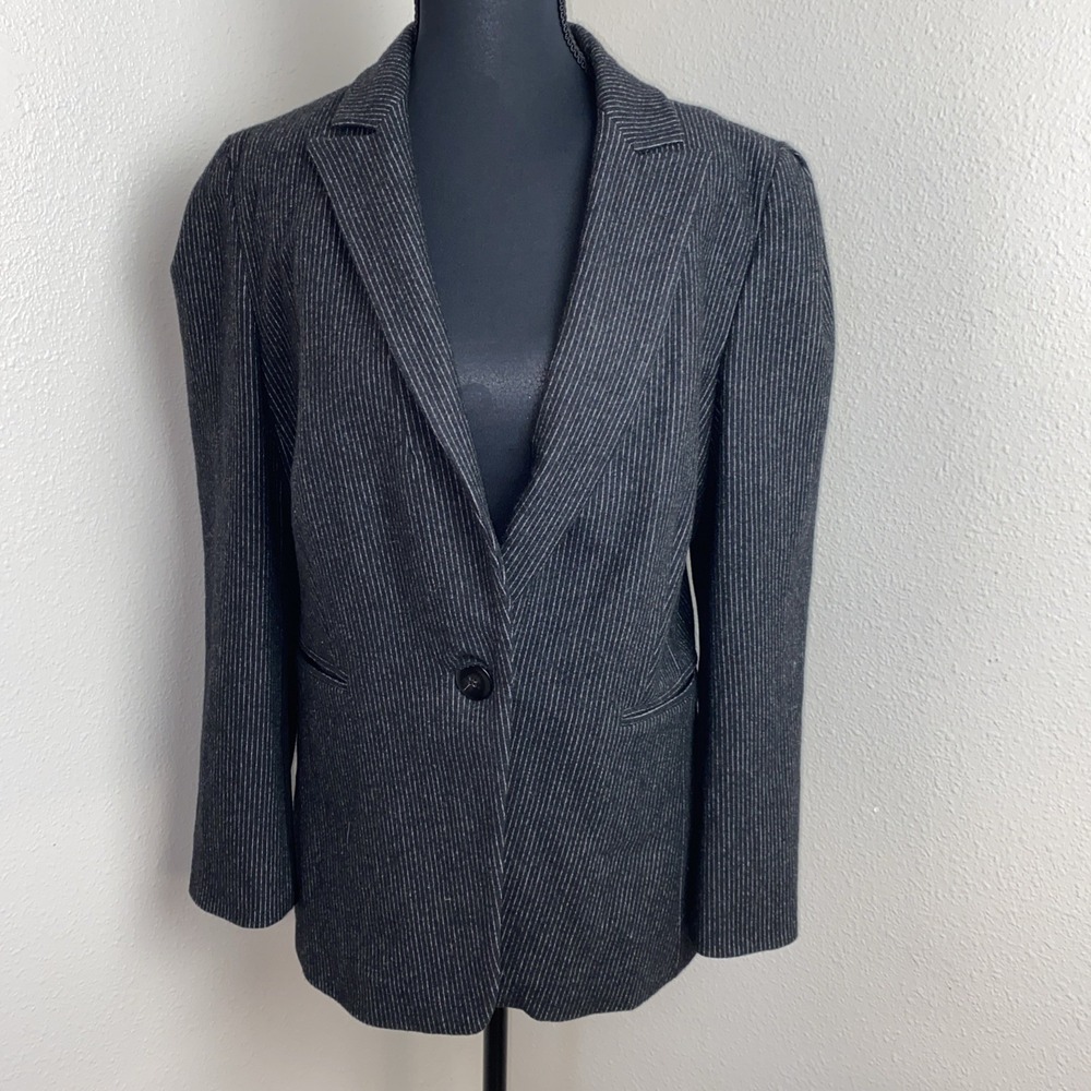 Zenobia Blazer Womens 10 Black Pinstriped Wool One Button Lined Collared Jacket‎
